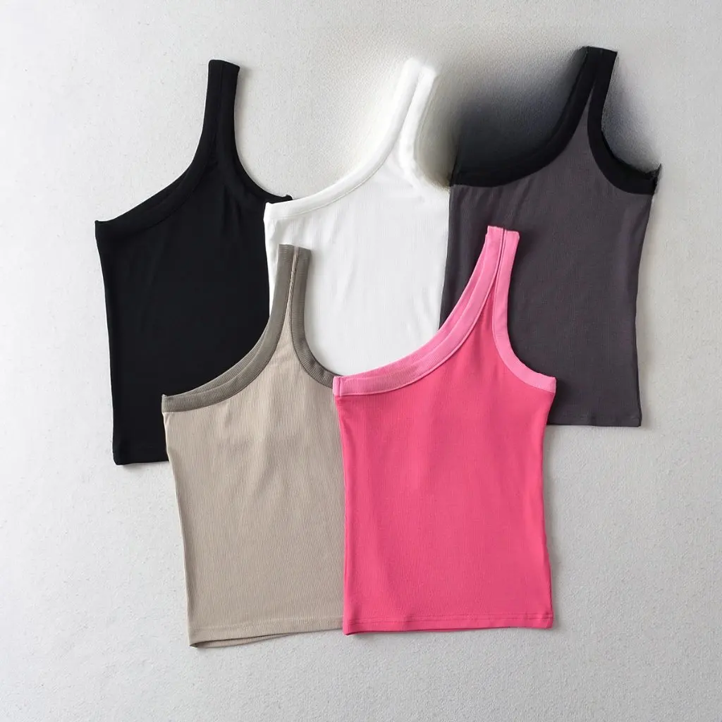 

Sweet Spice Girl Women's Contrast Color Slant Shoulder Camisole Slim-fit Short Top Summer Sexy Outer Wear