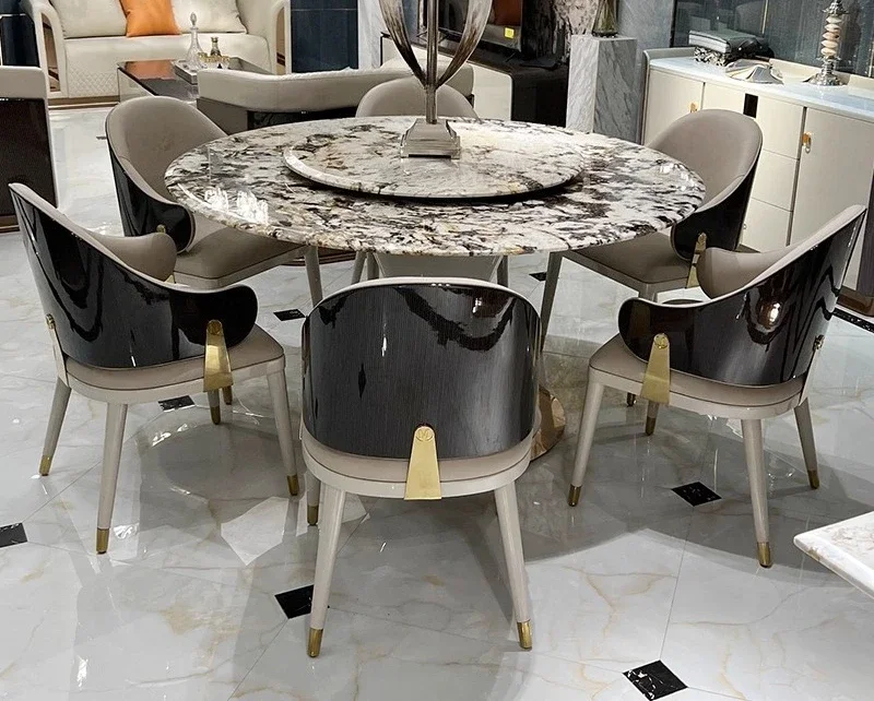 

2 yj15 Natural Luxury Stone Round Dining Table with Turntable, Light Luxury Style, Large Flat High-End Marble