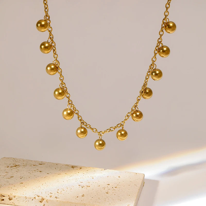 EILIECK 316L Stainless Steel Gold Color Beads Ball Pendant Necklace For Women New Fashion Design Girls Choker Jewelry Party Gift