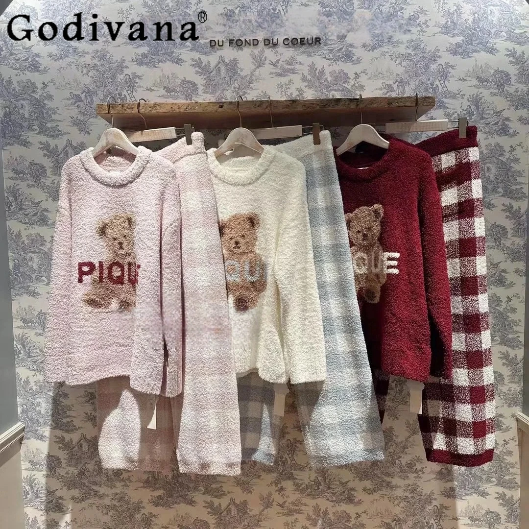 Nightwear Japanese Soft Autumn Winter Warm Pajamas Women\'s New Year\'s Christmas Sweet Bear Plaid Velvet Homewear Set Dress