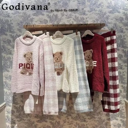 Nightwear Japanese Soft Autumn Winter Warm Pajamas Women's New Year's Christmas Sweet Bear Plaid Velvet Homewear Set Dress