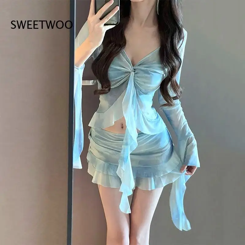 Women 4 Piece Bikini Set Long Sleeve Sheer Cover Up Ruffle Mini Skirt Tie Front Top Solid Color Summer Beach Bathing Suit