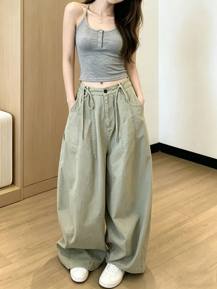 Vintage Casual Cargo Jeans Women Hottie Streetwear Wide Leg Denim Pants High Waist Lace Up Loose Harajuku Female Straight Pants