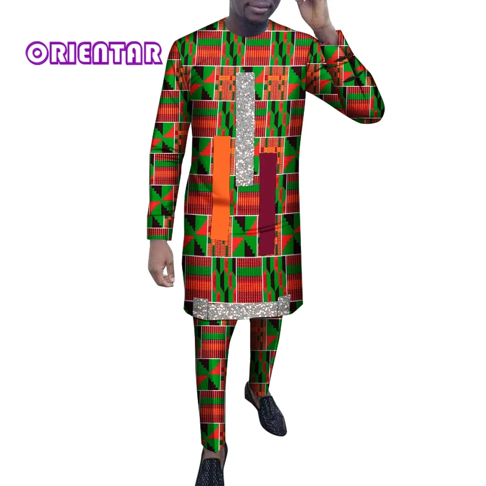 African Clothing Men's Print Set Long Shirts+Trousers Custom Made Ankara Fashion Male Groom Suits African Clothes Party WYN1554