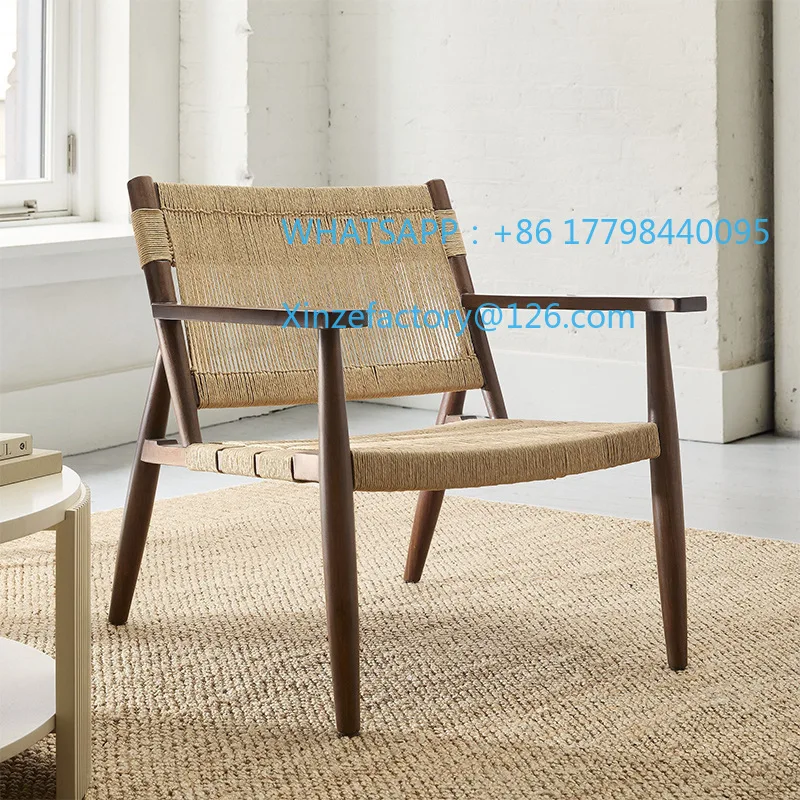 Customizable Medieval Wabi-sabi Wind Solid Wood Rope Chair Household Living Room Ash Wood Armrest Sofa Chair Bed and Breakfast