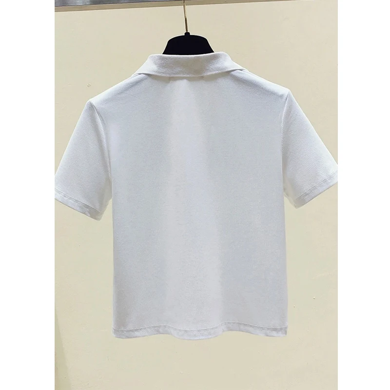 Women Clothing 2024 Summer Korean Fashion Ice Silk Short Sleeve Polo T-shirt Female Simple Casual Solid Color Slim Pullover Tops