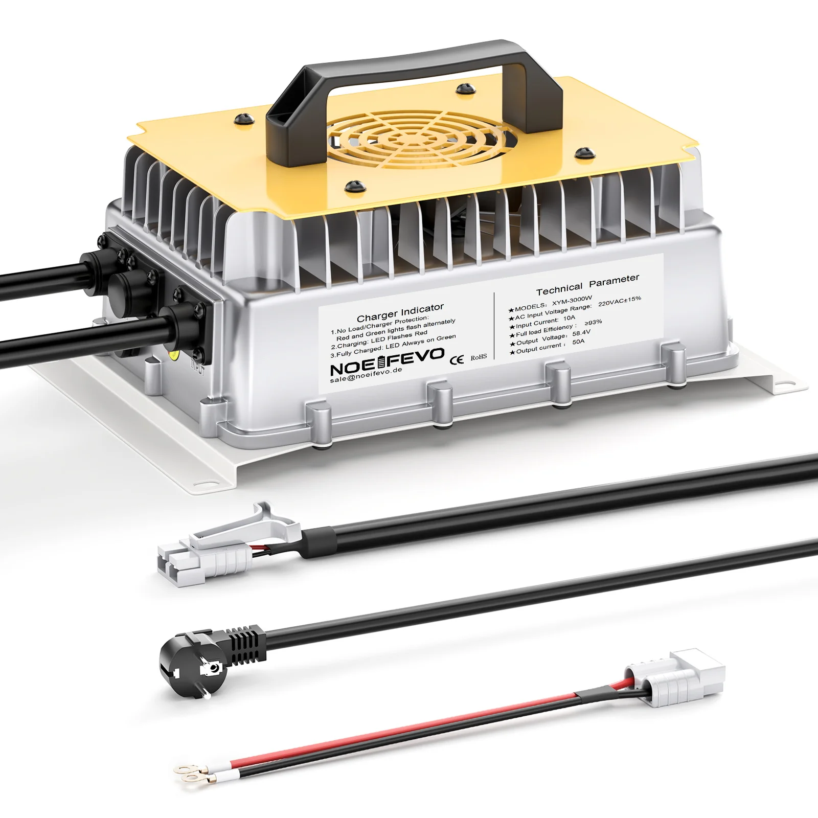 NOEIFEVO 48V 50A LiFePO4 batterijlader, 58,4V oplader voor 51,2V 48V 16S LiFePO4 lithiumbatterij, waterdicht, 0V BMS geactiveerd