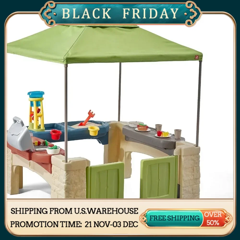 All Around Playtime Patio with Canopy, Kid Indoor and Outdoor Kitchen Playset, Sensory Playhouse, Kids Ages 2+ years old