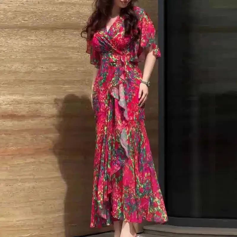 Spring Elegant V Neck Slim Women Party Retro Floral Print High Waist Ruffle Maxi Summer Short Sleeve Boho Long Dress