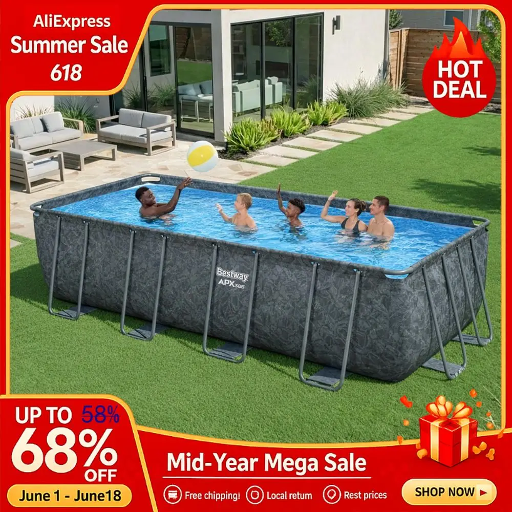 

18 x 9 x 52 Above Ground Pool, Rectangular Metal Frame Outdoor Swimming Pool Set with Sand Filter Pump, Ladder, Custom