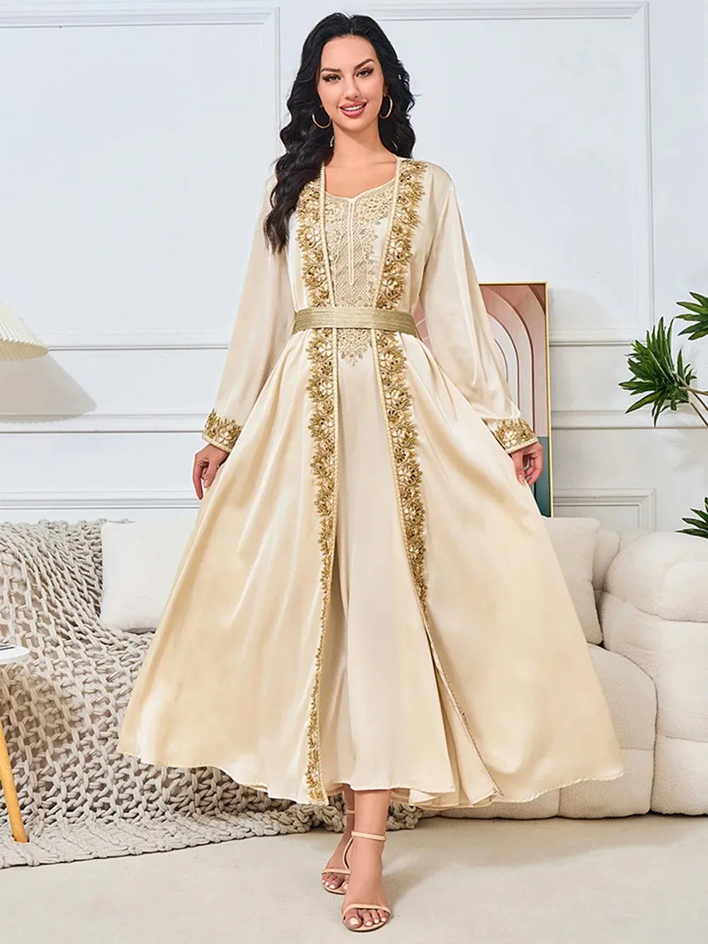 

Платья, комплекты из 2 предметов, мусульманские женские вечерние открытые абайи, марокко, пояса с бисером, Джалабия, Рамадан, Vestidos, кафтан, кардиган, халат, костюм