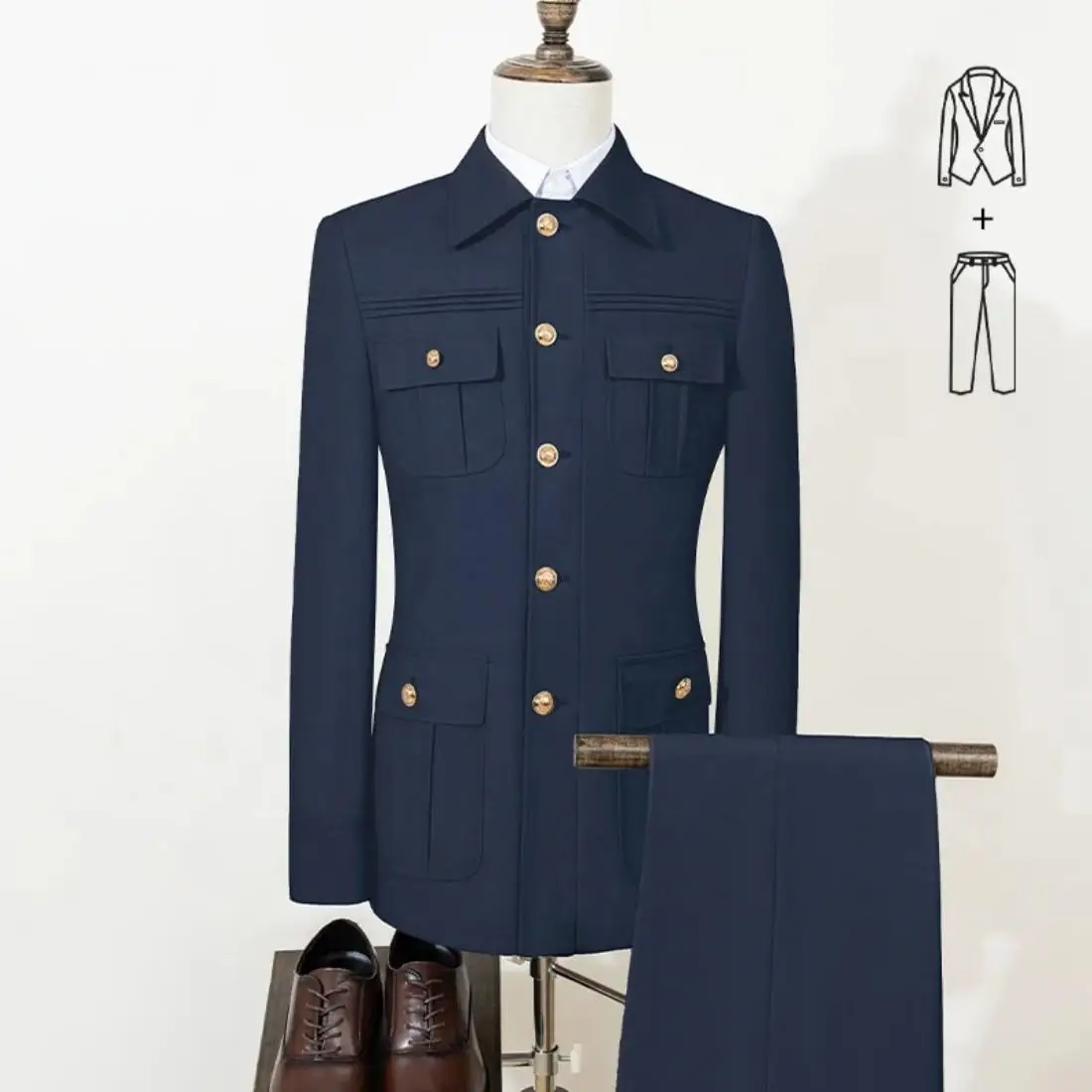 Navy Blue 2pieces Men'S Suit 2025 Classic Fit Single Breasted Multiple Pockets Solid Color Casual Business Dress Suit Customized