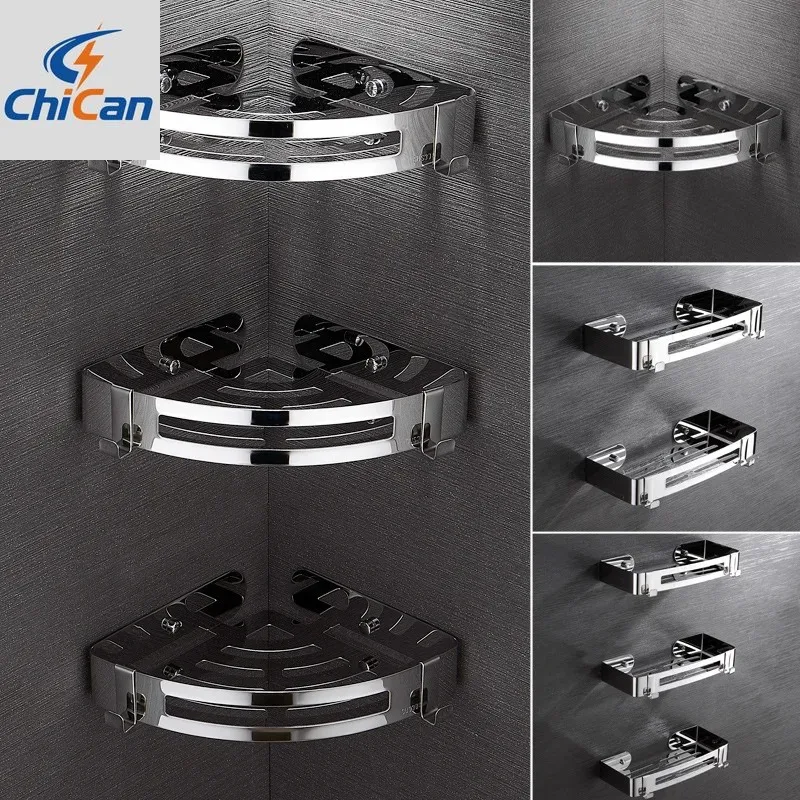 

【Hot】1/2 Layers Corner Shower Shelf Bathroom Shampoo Shower Shelf Holder 304 Stainless Steel Punch Free Kitchen Tripod Corner St