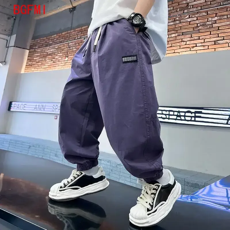 Childrens Purple Casual Trousers Korean Teens Fashion Boys Cargo Pants 2026 Summer New Thin Casual Pants Children Boy Clothes