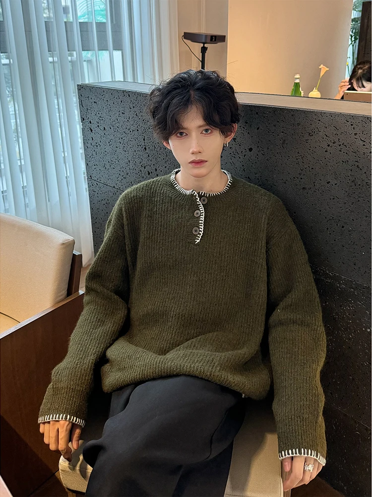 

Вязаный мужской джемпер с V-образным вырезом ручной работы, свободного кроя, осенний, повседневный, комфортный, из смесовой ткани (полиэстер и шерсть)