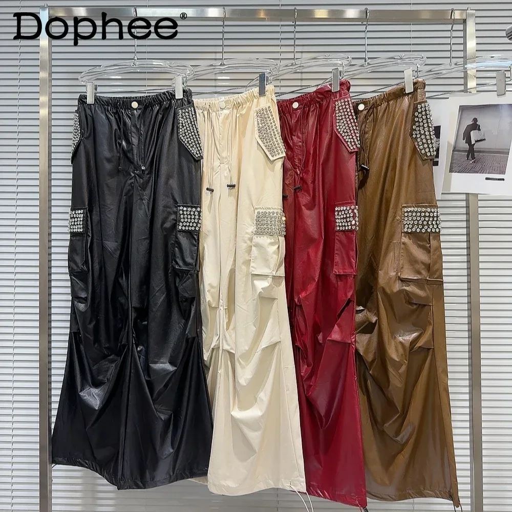 

Street Cool Style Rhinestone Pants female 2024 Autumn New Drawstring Design Heavy Industry Beads Overalls Pant streetwear women