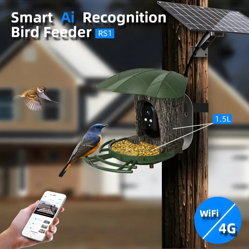 Solar Powered Smart Bird Feeder with Camera Night Vision Auto Capture AI Bird Species Identification Outdoor Bird Food Dispenser