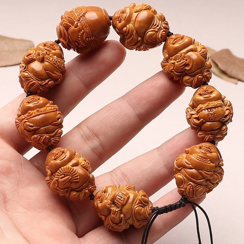 

Hand Carved Large Old Olive Pit Free Eight Treasures Maitreya Bracelet - Men's Gift & Playable Hand Piece