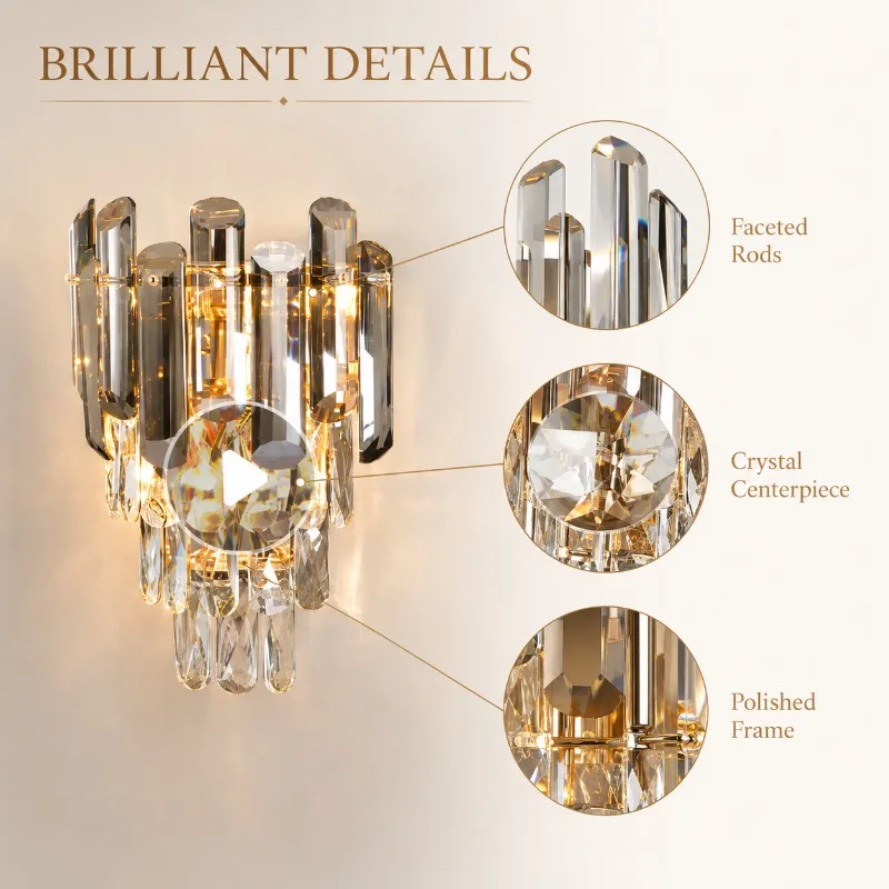 Modern Luxury Clear Smoke Crystal Bar Warm Three Color Light for Bedroom Living Room Hallway Hotel Decorative LED Wall Lamp