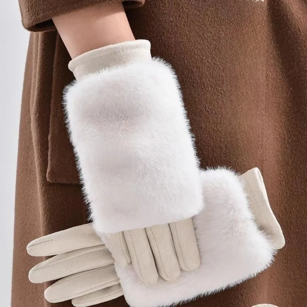 

Comfortable Solid Color Suede Gloves Rabbit Faux Fur Thickened Women Winter Gloves keep Warm Full Finger Thermal Mittens Ladies