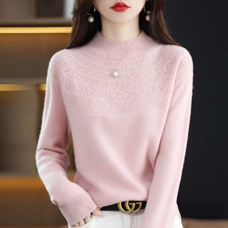 2024 new 100% merino wool semi-turtleneck sweater solid color long-sleeved women\'s knitted openwork sweater loose pullover