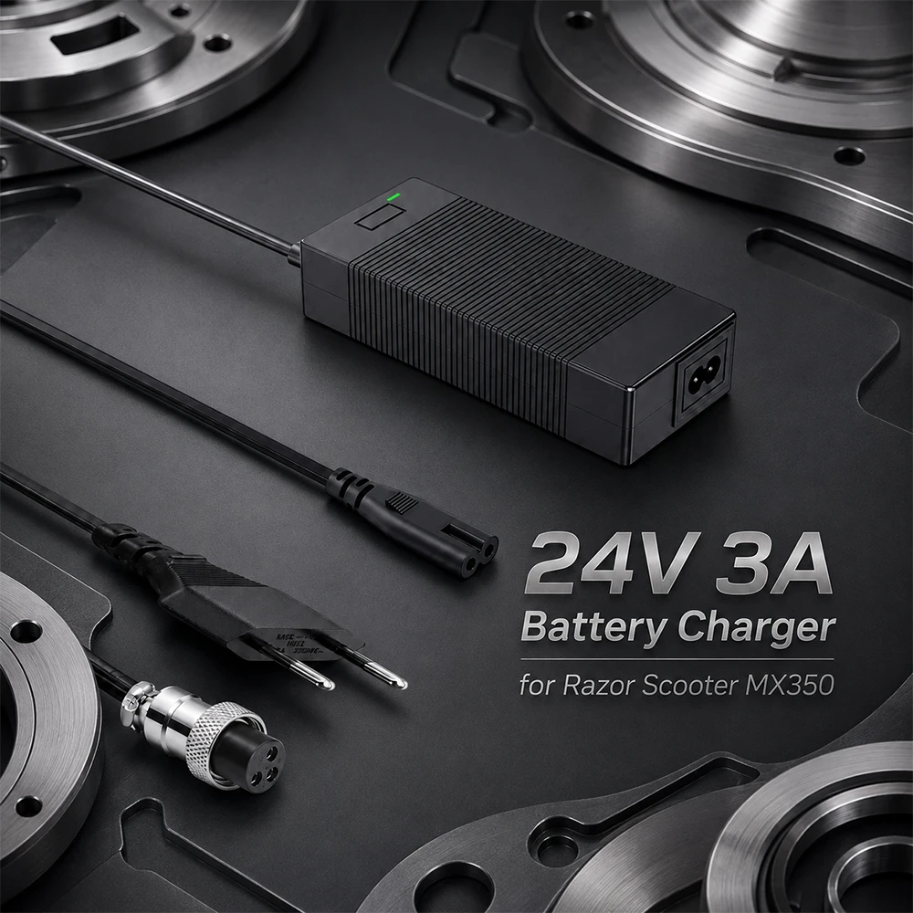 24V 3A Lead Acid Battery Charger for Razor CC2420 E100 E125 E150 E175 E200 E225S E300 E325S E500 MX350 MX400 PR200 3-Pin AC Plug