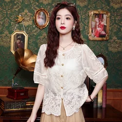 Summer Short Sleeve Women Shirt Chinese Style O-Neck Chiffon Lace Shirt Blouse Women Tops Blusas Mujer De Moda 2024 Verano H756