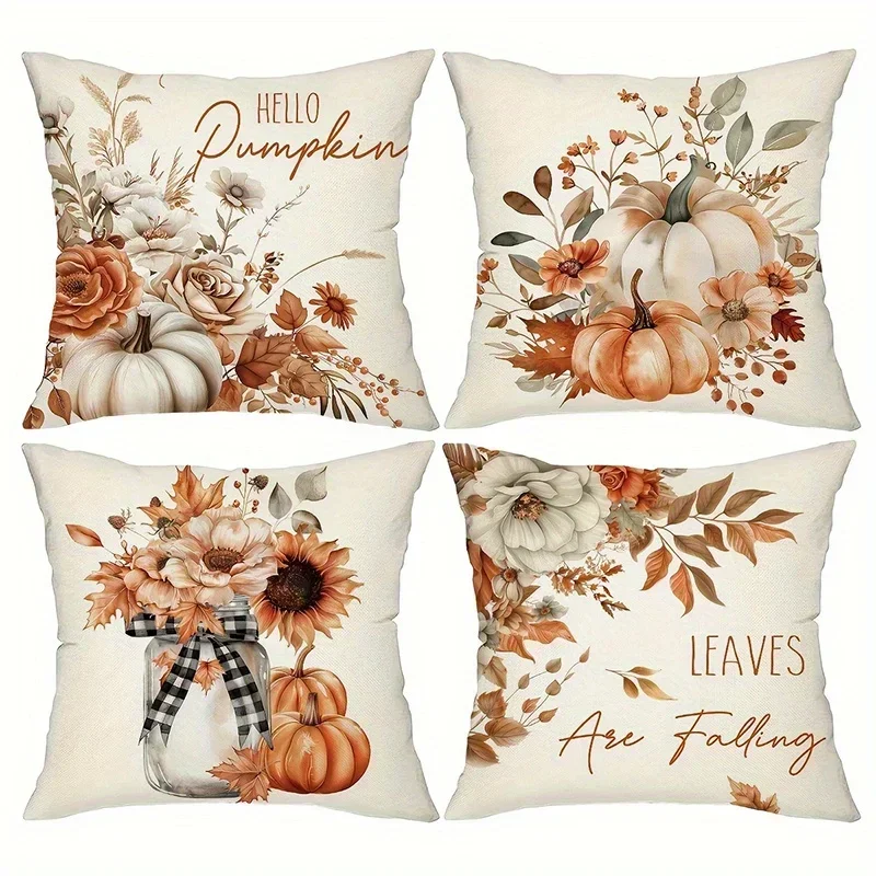 Home Decor Autumn Pumpkins Falling Leaves Pillow Covers Pattern Cushion Cover Suitable For Sofa Bedroom Car Pillow Cover