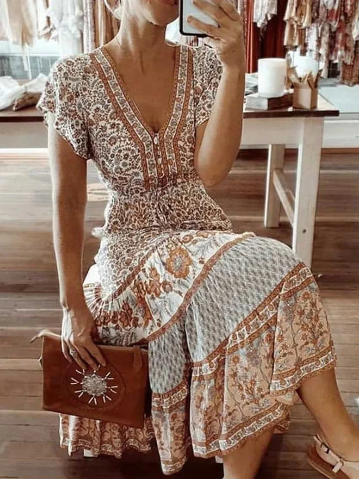 Vintage Chic Women Floral Print Bat Sleeve Beach Bohemian Maxi Dresses  Ladies V Neck Summer Rayon Robe Boho Dress Vestidos