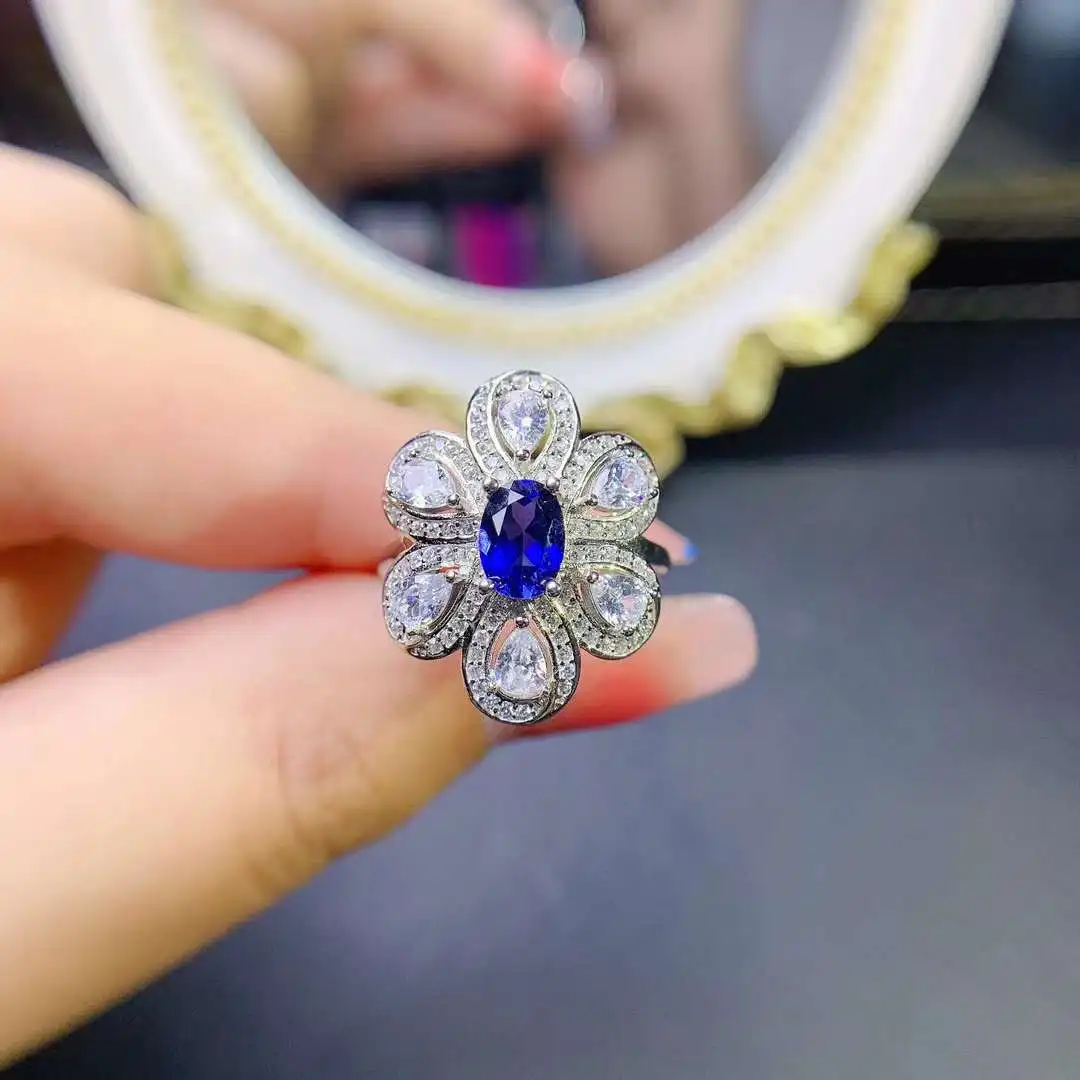 

New natural Royal blue Sapphire Ring high clarity full fire color Blue gem 925 silver inlaid for women