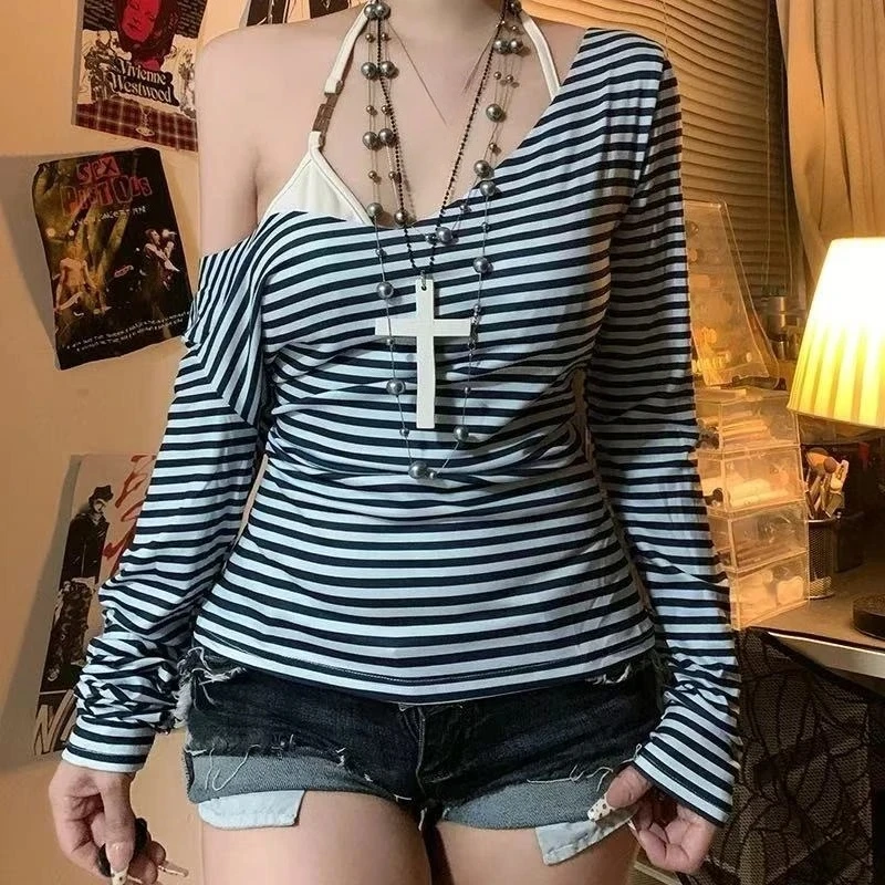 

Vintage Long Sleeve Women Off Shoulder Y2k Striped T-Shirts Sexy Gothic Harajuku Retro Streetwear Fashion Japaneses Spring