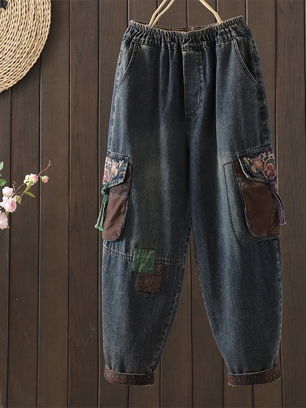 Women's Retro Embroidered Heavy Work Denim Harlan Pants Loose Fit Straight Leg Cotton Casual Trousers for plus Size