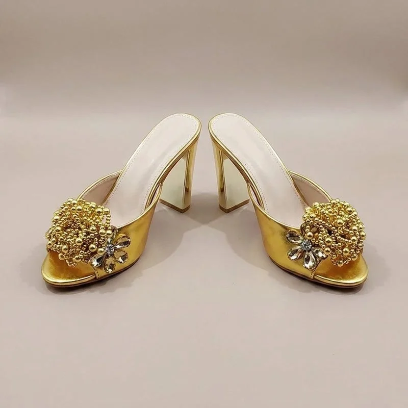 TOMONYE, Gold Metallic Block-Heel Mules — Beaded-Flower, Crystal-Ornament, Open-Toe, #TY-26-ML01, Women's Luxury Slip-On Sandals