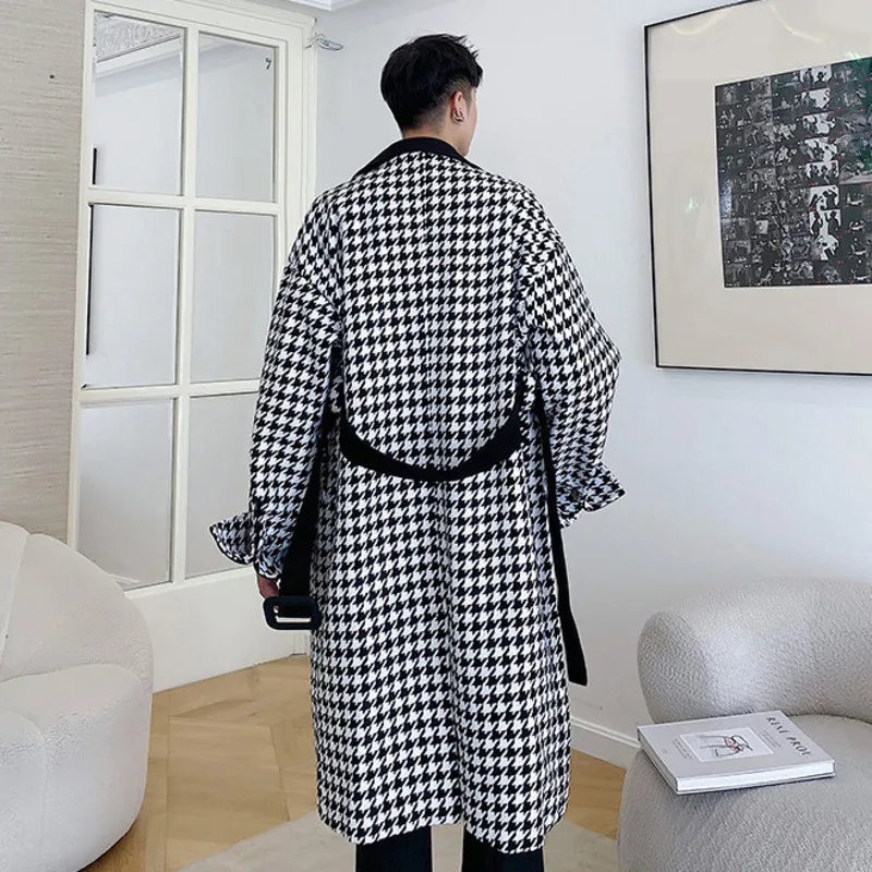 WVGA Autumn Winter New Men's Houndstooth Patterned Color-blocked Trendy Wool Coat Mid-length Niche Stand-up Collar Jacket W28973