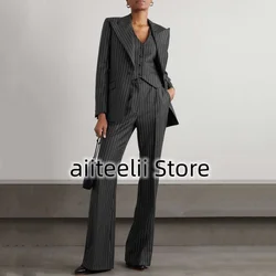 Women's Three-piece Suit Fashion Striped Slim Fit Lapel (Jacket + Vest + Trousers) Collar Single-breasted Suit for Business