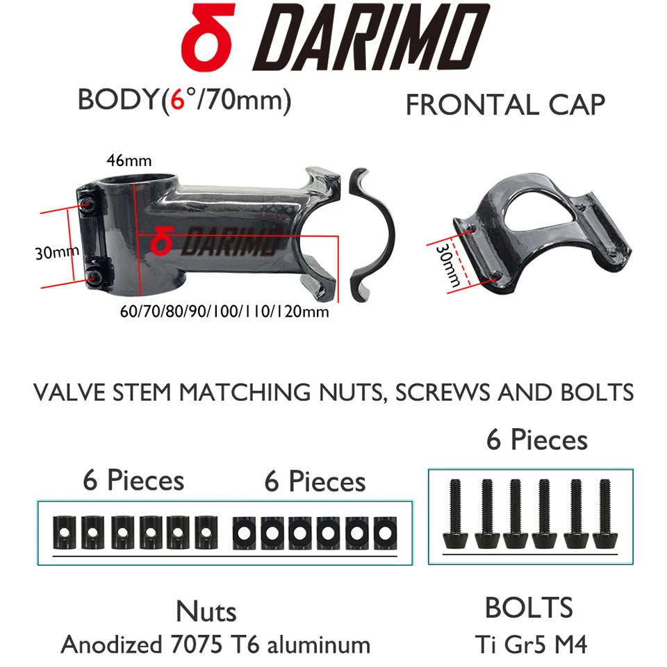 DARIMO Carbon Fiber Stem 28.6mm Clamp OD1 -12/-17/-6° 60-120mm