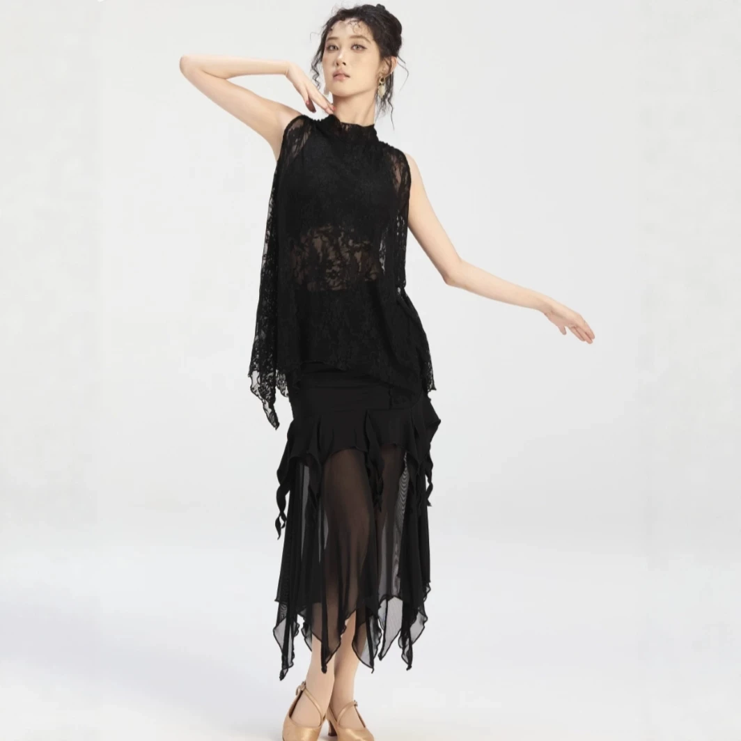 Adults Tango Latin Dance Competition Suits Sexy Lace Latin Top Irregular Skirt Women'S Waltz Ballroom Dance Costume SL16614