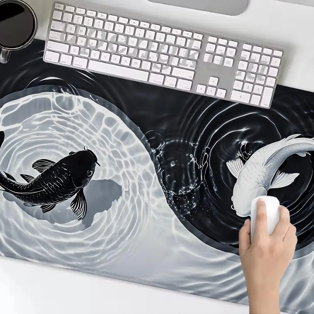 Japanese Desk Mat Black & White Mouse Pad 1200x600 Koi Fish Japan Art Seal Yin-yang fish Large Gaming Deskmat Rubber Mousepad