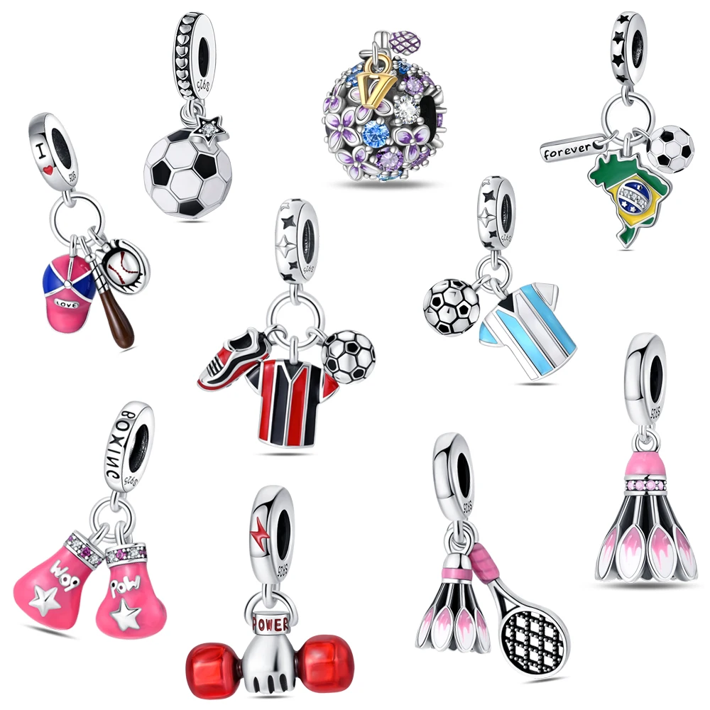 

Cute Sports Badminton Rackets, Gloves & Barbells Dangle Charm Fits Original Bracelet For Girl 925 Sterling Silver Jewelry Gift