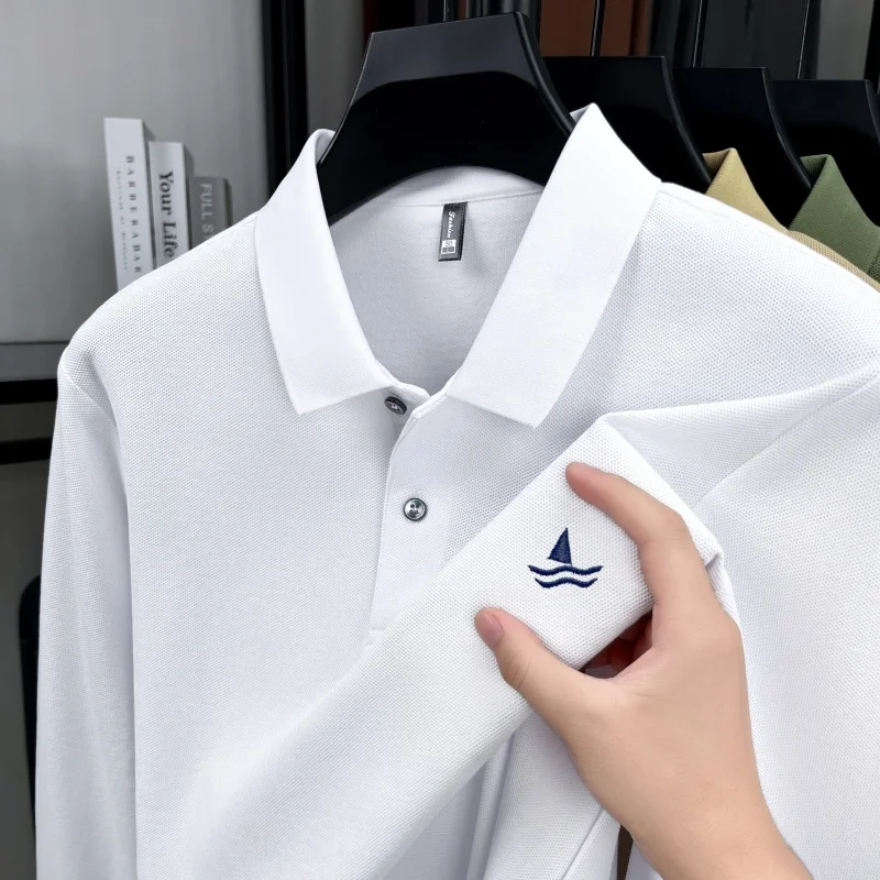 100% pure cotton light luxury brand men's long sleeved polo shirt spring autumn fashion sailboat embroidery top boutique T-shirt