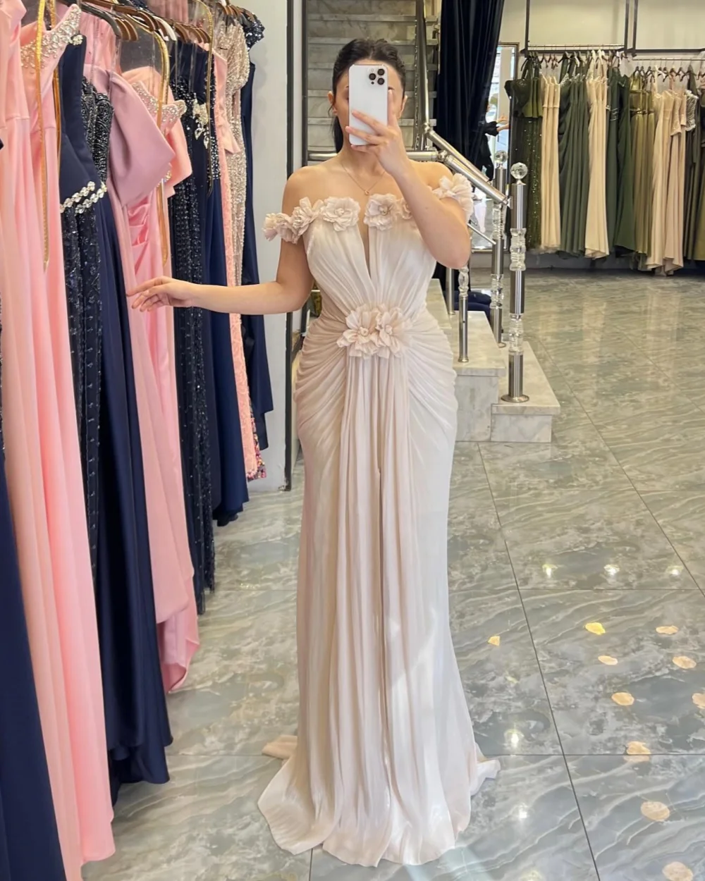 

Customized Formal Elegant Handmade Flower Ruched Straight Off-the-shoulder Long Dresses Bespoke Occasion Dresses Matching Retro