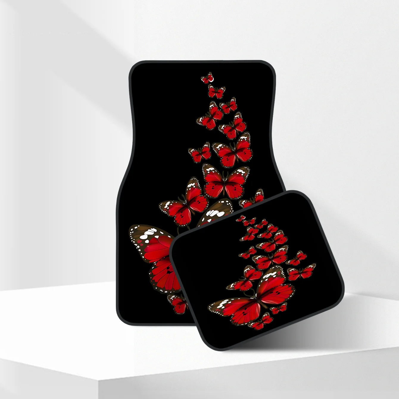 A 2D, 4pcs Set Of Trendy Red Butterfly Patterned Car Floor Mats, Suitable For All Seasons, Stylish And Durable, Easy To Clean, P