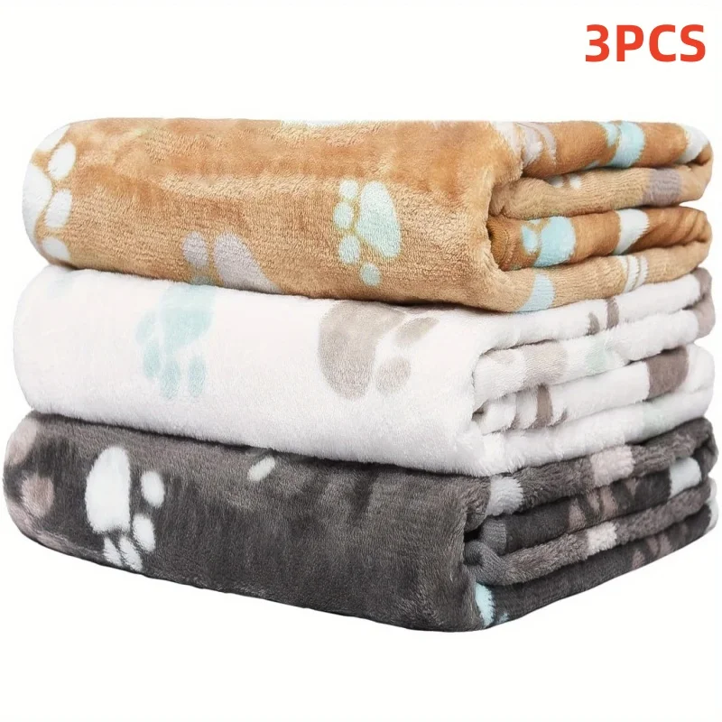 Couverture polaire en flanelle douce pour chat et chien, 3 pièces, tapis de lit, imprimé patte de pied, couverture chaude pour animaux de compagnie, lits de couchage, fournitures pour animaux de