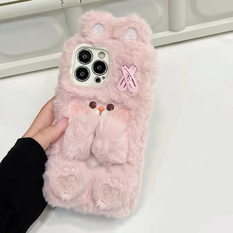 Pink Cute Hairpin Bunny Plush Phone Case For iPhone 15 14 11 12 13 Pro Max Drop Protective Cover