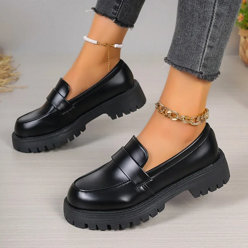 British Style Platform Loafers Women 2024 Plus Size Round Toe Single Shoes Woman Thick Bottom Pu Leather Shoes Mujer