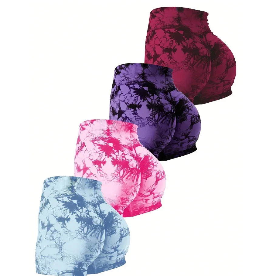 กางเกงขาสั้นโยคะผู้หญิง ChunxingQuickDrying ลายมัดย้อม เอวสูง ไร้รอยต่อ เซ็กซี่ กางเกงออกกำลังกายรัดรูป กางเกงกีฬาขาสั้น สะโพกพีช กางเกงโยคะทรง Biker