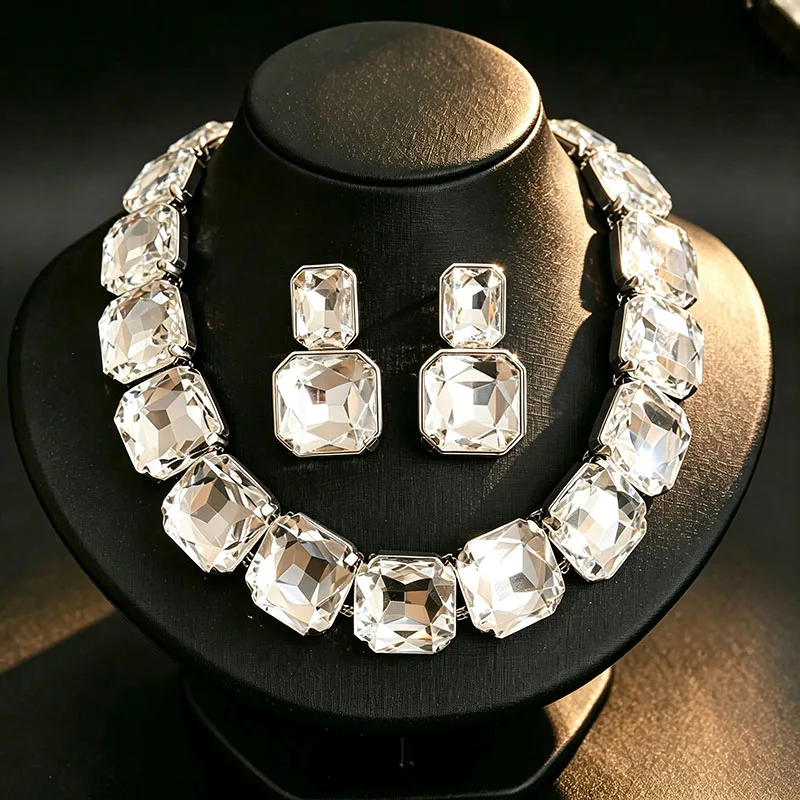 2 Pcs Europe and America Square Rhinestones Chokers Necklaces Statement Zircon Drop Earrings Jewelry Set Party Anniversary H1