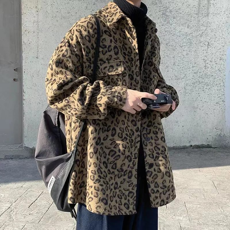 Men Fashion Leopard Graphic Jackets Coats Male Vintage Casual Loose Korean Style Harajuku Jacket Outerwear with Pockets