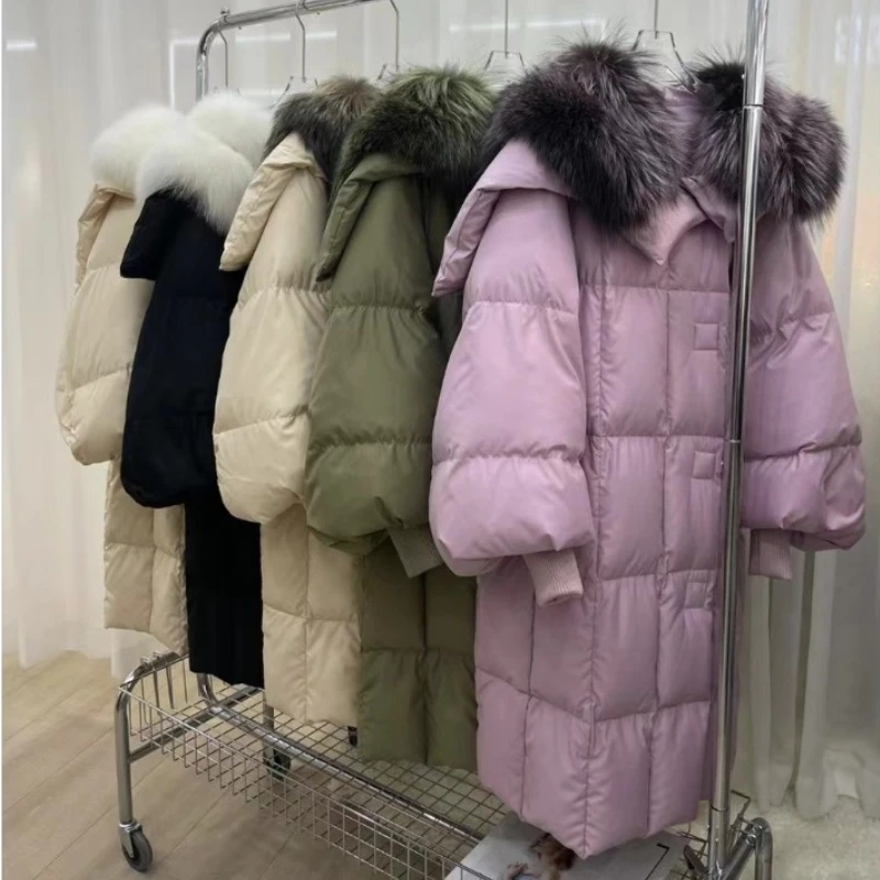 

MENINA BONITA 2023 New Winter Jacket Women Natural Real Fox Fur Collar X-Long Loose Warm Goose Down Coat Outerwear Streetwear