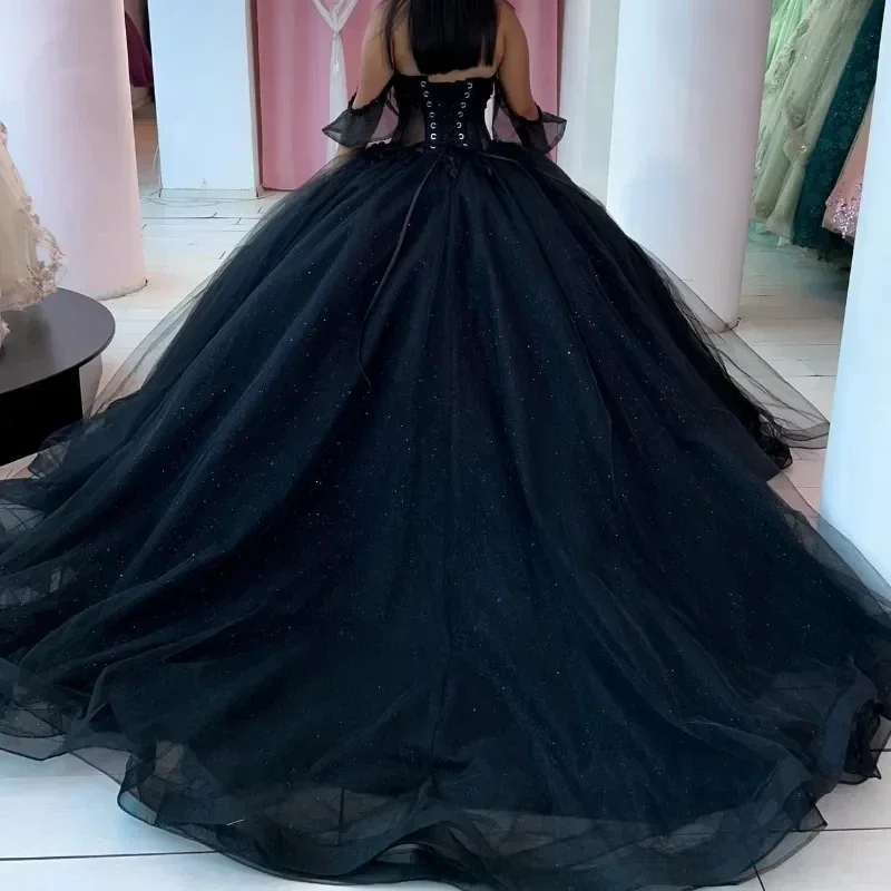 ANGELSBRIDEP Shiny Black Quinceanera Dresses Sequined Bead Pearls Lace Vestidos De 15 Anos Birthday Party Prom Gowns Customized